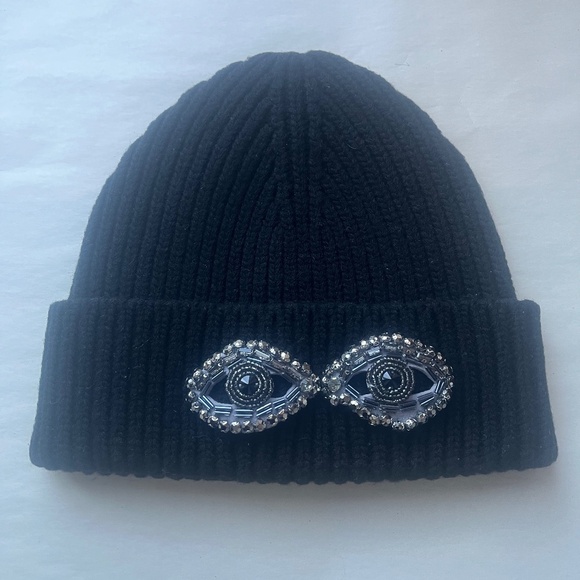 BCBG MaxAzria Black Wool Eye See You Embellished Ribbed Cable Knit Beanie Hat - Picture 3 of 6